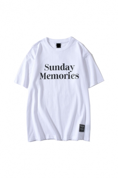 Simple Letter Sunday Memories Printed Round Neck Short Sleeve Relax Fitted Tee Top for Men