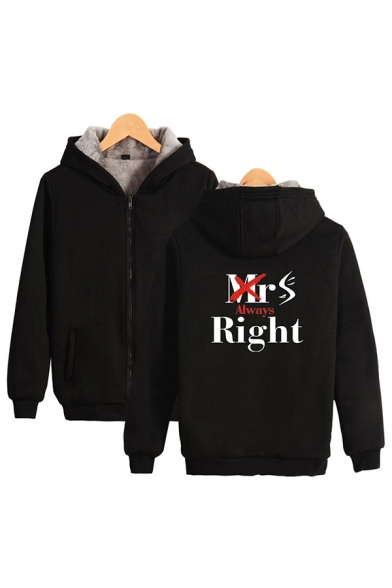 Simple Sherpa Lined Letter Mrs Right Printed Long Sleeve Zipper Front Relaxed Hoodie for Men
