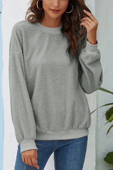 Simple Sherpa Solid Color Long Sleeve Crew Neck Loose Fit Pullover Sweatshirt for Women