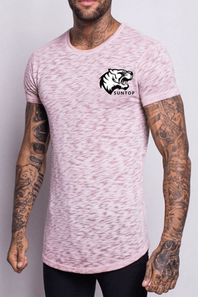 Stylish Animal Letter Suntop Print Round Neck Short Sleeve Slim Fitted Graphic Tee Top for Men