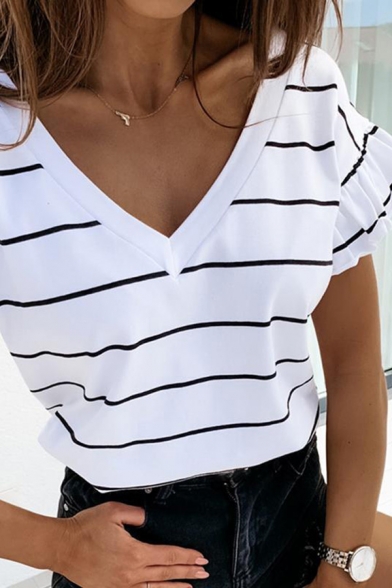 Stylish Ladies Stripe Printed Ruffled Bell Sleeves V-neck Relaxed Fit T Shirt in White