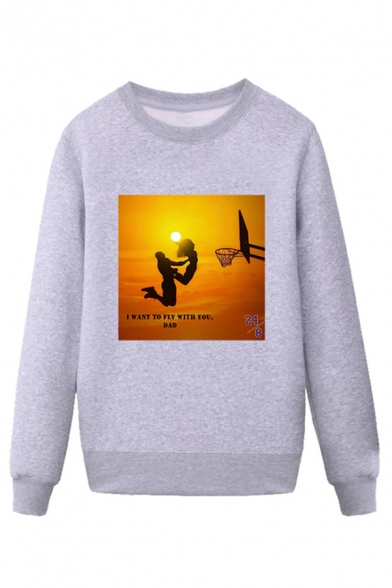 Stylish Mens Character Basketball Stand Letter I Want to Fly with You Dad Printed Pullover Long Sleeve Round Neck Regular Fit Graphic Sweatshirt