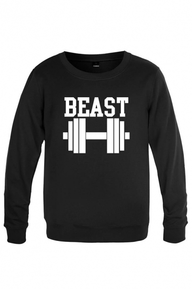 Stylish Mens Dumbbell Pattern Letter Beast Long Sleeve Round Neck Pullover Regular Fitted Graphic Pullover Sweatshirt