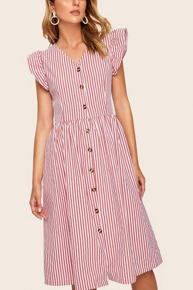 Stylish Stripe Pattern Ruffled Sleeveless V-neck Button up Mid A-line Smock Dress in Red