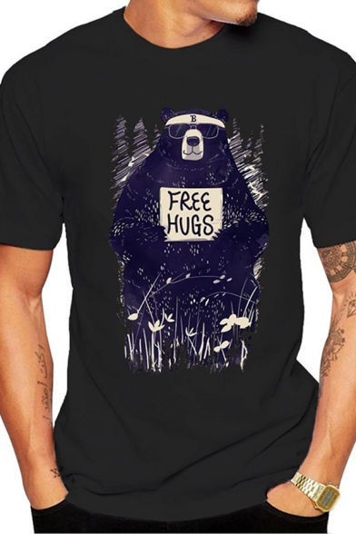 Trendy Bear Letter Free Hugs Printed Short Sleeve Round Neck Regular Fit T-Shirt for Men