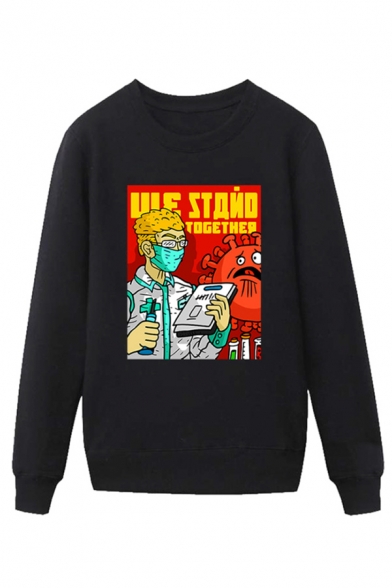 Trendy Doctor Virus Letter Ule Stand Together Printed Pullover Long Sleeve Round Neck Regular Fitted Graphic Sweatshirt for Men