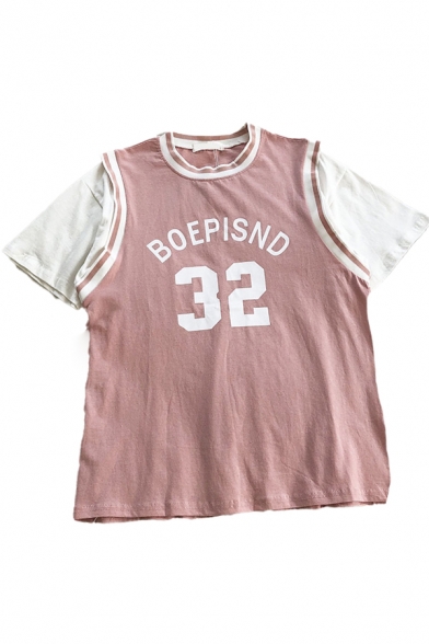 Trendy Girls Letter Boepisnd 32 Printed Contrast Striped Patchwork Crew Neck Short Sleeve Regular Fit Fake Two Piece Tee