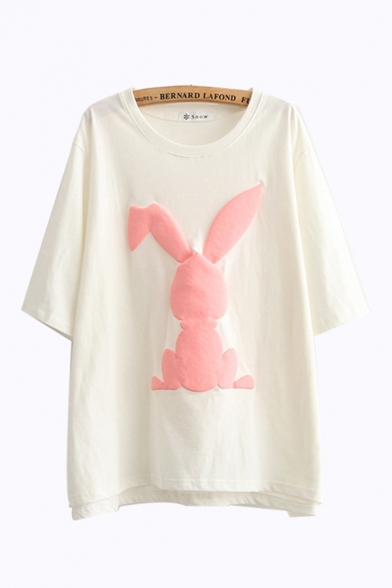 Trendy Womens Rabbit Printed Half Sleeve Round Neck Relaxed Fit Tunic T Shirt