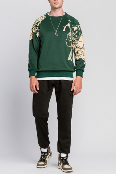 Unique Mens Pullover Sweatshirt Figure Paper-cut Pattern Long Sleeve Round Neck Regular Fit Pullover Sweatshirt