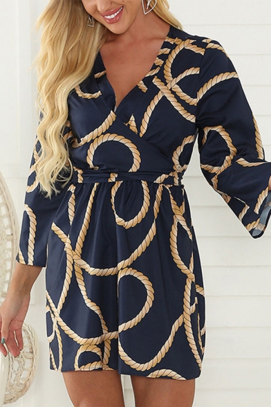 Unique Womens Rope Allover Print Long Sleeve V-neck Tied Waist Mini Pleated A-line Dress in Blue