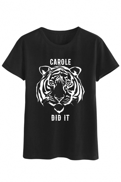 Womens Popular Letter Garole Did It Tiger Graphic Short Sleeve Round Neck Loose Fit T Shirt