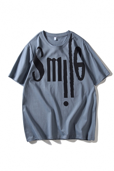 Basic Mens Letter Smile Printed Short Sleeve Crew Neck Oversize Tee Top