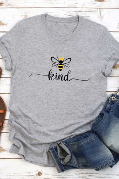 Basic Womens Cartoon Bee Letter Kind Graphic Rolled Short Sleeve Crew Neck Slim Fit Tee Top