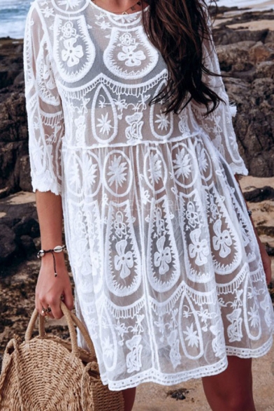 Beach Womens Allover Floral Embroidered See-through Lace Cut out Mini Pleated Swing Dress in White