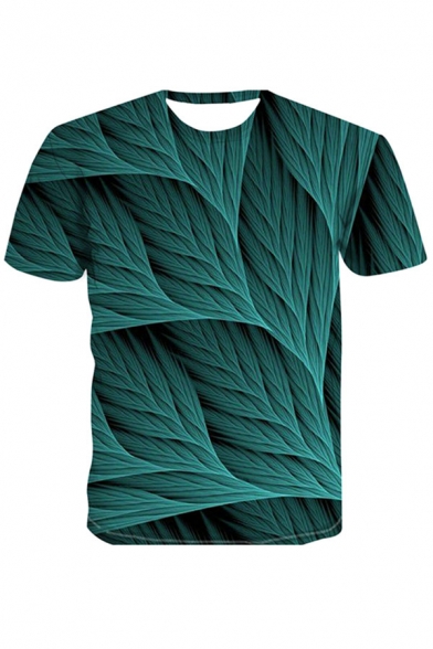 Chic Mens 3D Leaf Pattern Round Neck Short Sleeve Regular Fitted Tee Top in Green