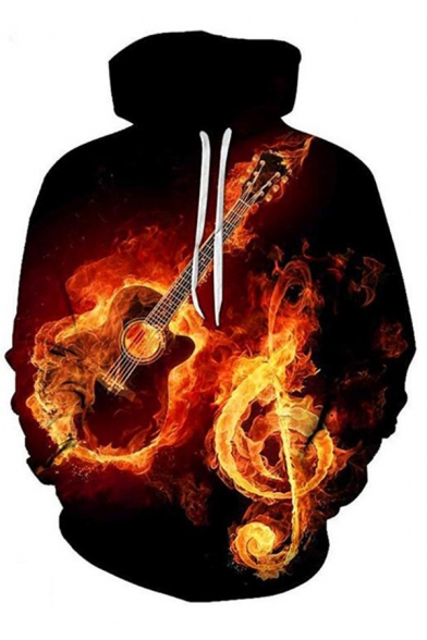 Chic Mens 3D Water Fire Guitar Note Pattern Pocket Drawstring Long Sleeve Regular Fit Hooded Sweatshirt