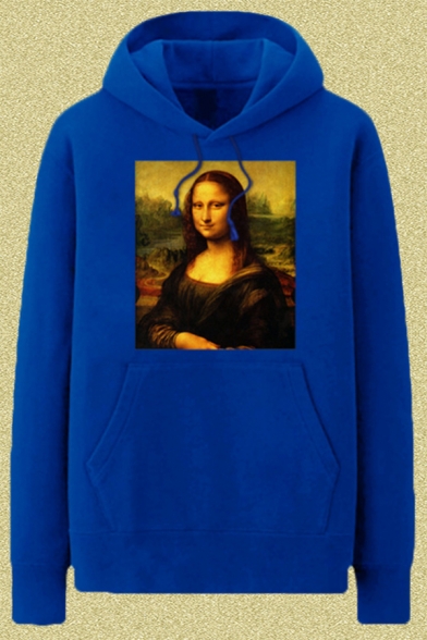 Chic Mens Mona Lisa Oil Painting Pattern Pocket Drawstring Long Sleeve Regular Fit Hooded Sweatshirt