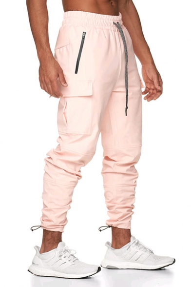 Classic Mens Flap Pockets Bungee-Style Cuff Drawstring 7/8 Length Tapered Fit Cargo Pants in Pink