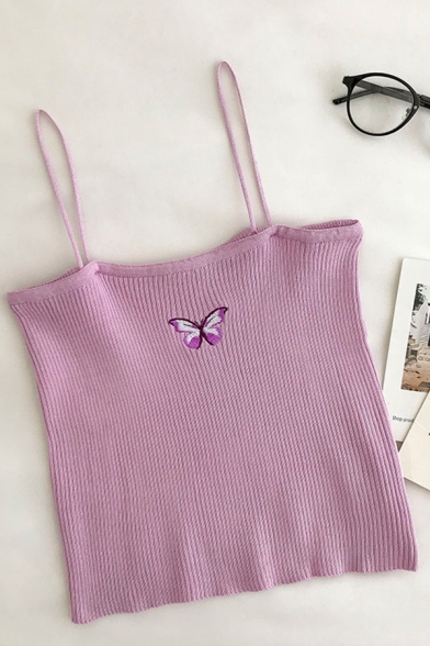 Cool Girls Butterfly Embroidery Spaghetti Straps Sleeveless Slim Fit Cami Top