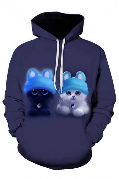 Cool Mens 3D Cat Pattern Pocket Drawstring Long Sleeve Regular Fit Hooded Sweatshirt in Dark Blue