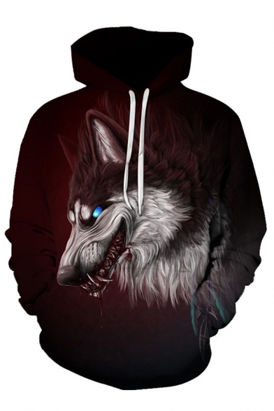 Cool Mens 3D Wolf Printed Pocket Drawstring Long Sleeve Regular Fit Hooded Sweatshirt