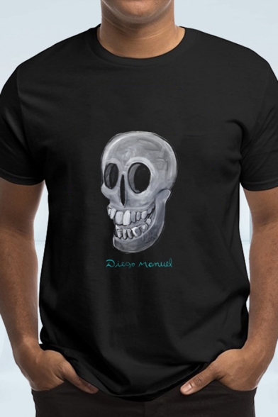 Cool Mens Skull Printed Short Sleeve Crew Neck Relaxed Fit T Shirt in Black