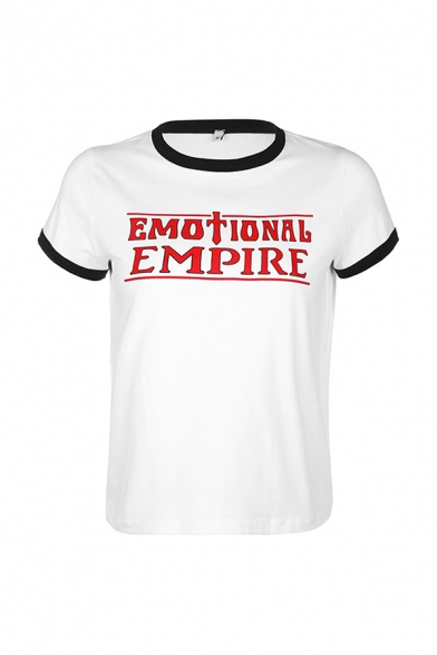 Cool Womens Letter Emotional Empire Print Short Sleeve Crew Neck Regular Fit Ringer T-shirt in White