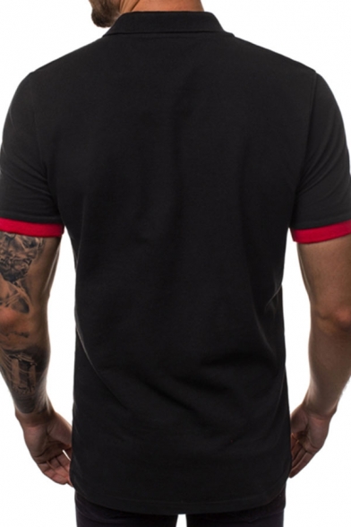 Dressy Mens Colorblock Button Short Sleeve Turn-down Collar Regular Fitted Polo Shirt in Black