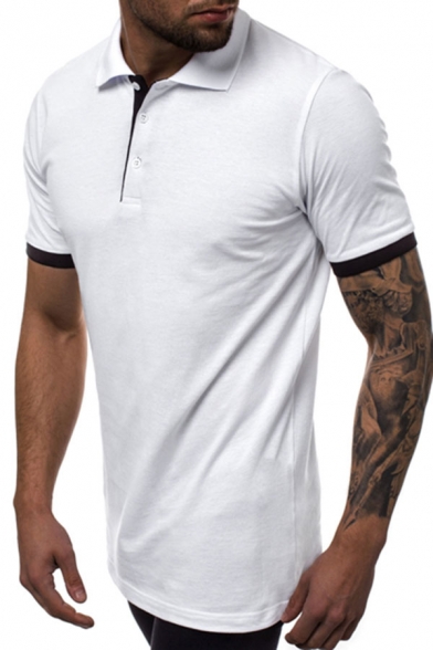 Dressy Mens Colorblock Button Short Sleeve Turn-down Collar Regular Fitted Polo Shirt in Black