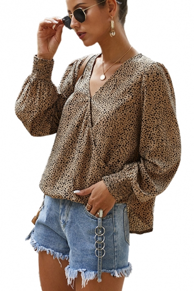 Fancy Ditsy Floral Print Blouson Sleeve Surplice Neck Relaxed Fit Blouse Top for Ladies