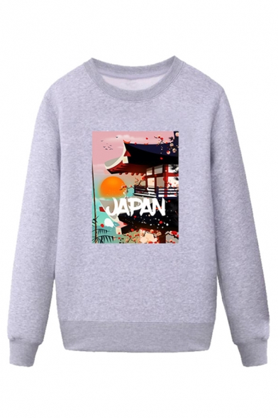 Fancy Mens Landscape Pattern Letter Japan Pullover Long Sleeve Round Neck Regular Fitted Sweatshirt