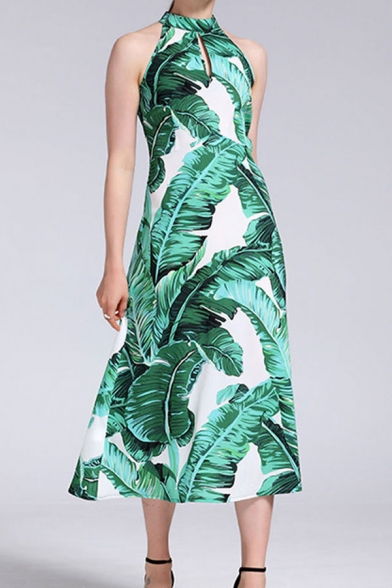 

Fashion All over Leaf Printed Sleeveless Cut out Mid A-line Tank Dress in Green, LM657066