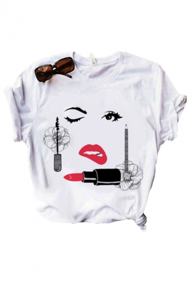 Fashion Girls Cartoon Face Pattern Roll up Sleeves Crew-neck Slim Fit T-shirt in White