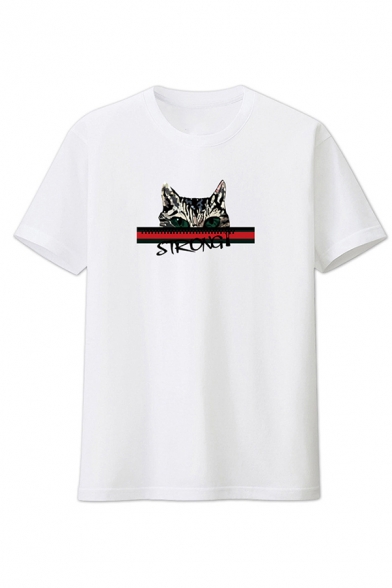 Fashionable Guys Cat Letter Graphic Short Sleeve Crew Neck Loose Fit Tee Top