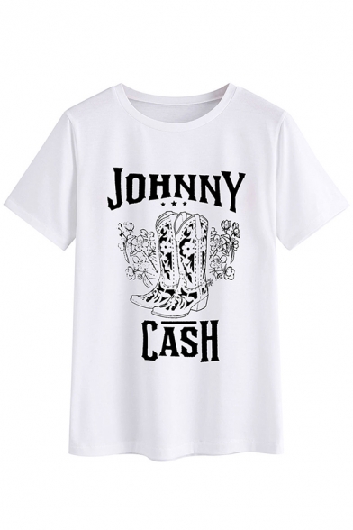 Leisure Boys Letter Johnny Cash Boots Graphic Short Sleeve Round Neck Relaxed T Shirt