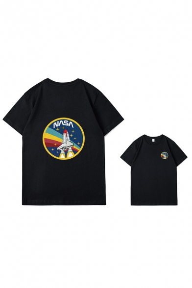 Letter Nasa Rocket Graphic Short Sleeve Crew Neck Loose Fit Stylish Tee Top