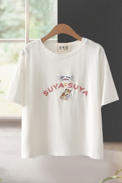 Letter Suya Cartoon Cat Embroidered Short Sleeve Crew Neck Relaxed Crop Simple T Shirt for Women