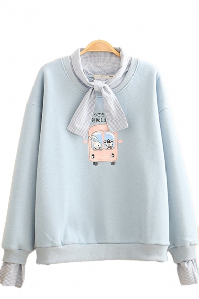 Lovely Girls Sherpa Lined False Two Piece Cartoon Graphic Checkered Patched Long Sleeve Bow Tied Neck Relaxed Pullover Sweatshirt
