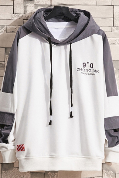 Mens Hoodie Casual Colorblock Number Letter Zhong Mr Pattern Drawstring Cuffed Regular Fitted Long Sleeve Hoodie