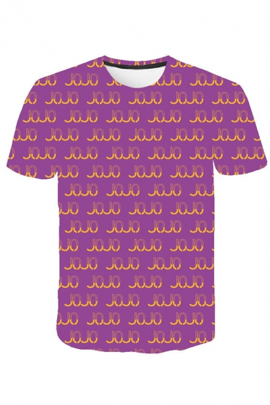 Novelty Boys All over Letter Jojo 3D Printed Short Sleeve Crew Neck Slim Fit T Shirt in Purple