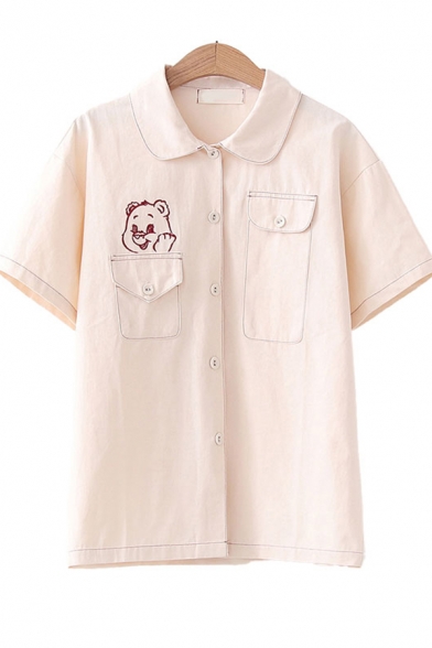 Popular Girls Bear Embroidered Contrast Stitch Short Sleevev Turn down Collar Button up Flap Pockets Relaxed Fit Shirt Top in Beige
