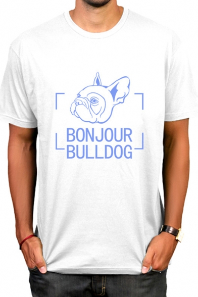 Popular Mens Letter Bonjour Bulldog Cartoon Dog Graphic Short Sleeve Crew Neck Relaxed T Shirt