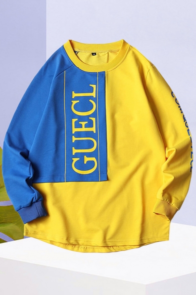 Popular Mens Letter Guecl Print Patchwork Long Sleeve Crew Neck Oversize Pullover Sweatshirt
