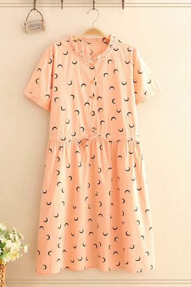 Popular Womens Allover Moon Print Short Sleeve Stringy Selvedge Crew Neck Button up Drawstring Waist Mid Pleated Swing Dress