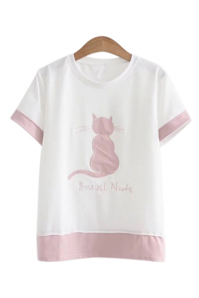 Preppy Girls Letter Brazil Nuts Cartoon Cat Embroidered Panel Short Sleeve Crew Neck Loose T-shirt