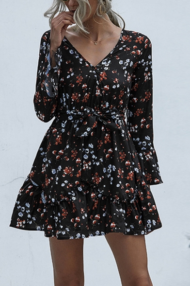 Pretty Ditsy Floral Printed Long Sleeve V-neck Ruffled Trim Bow Tied Waist Short A-line Dress for Women