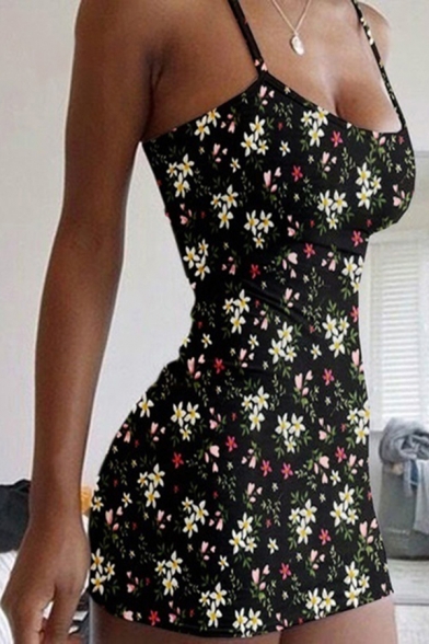 Sexy Girls Ditsy Floral Printed Spaghetti Straps Mini A-line Cami Dress