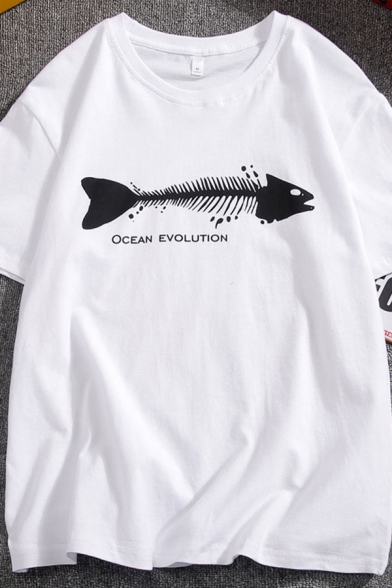 Simple Mens Fish Bone Letter Ocean Evolution Printed Short Sleeve Round Neck Regular Fit Graphic Tee Top
