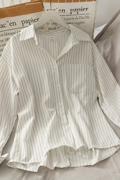 Simple Womens Striped Pocket Button Down Collared Long Sleeve Loose Fit Shirt