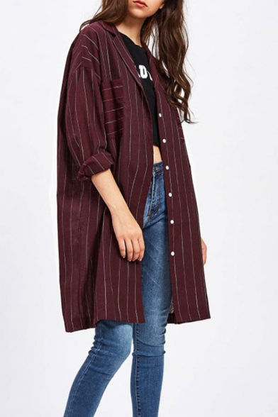 Streetwear Womens Stripe Print Long Sleeve Lapel Neck Button up Chest Pocket Long Loose Fit Shirt Top in Burgundy